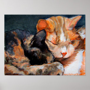 Cuddling Kittens Calico and Tan Poster