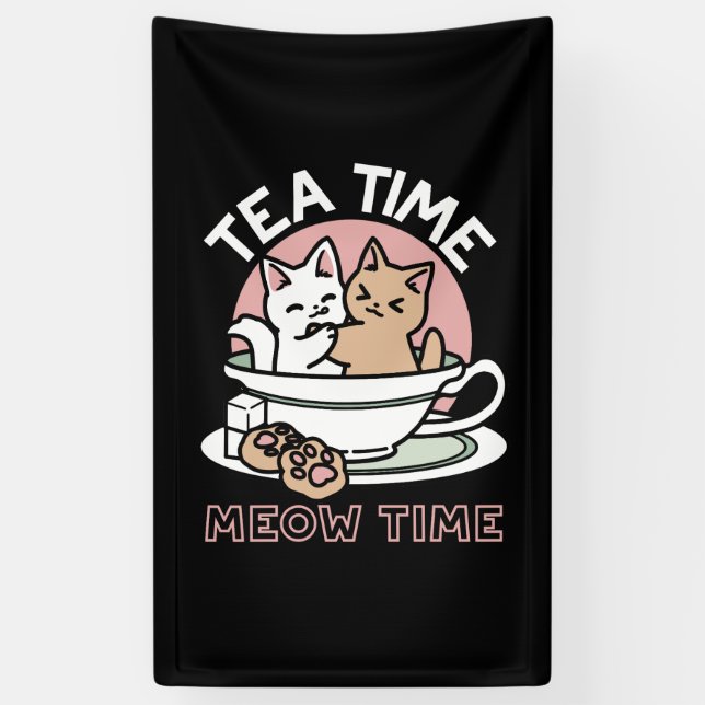 Cuddling Kitties in a Cup - Adorable Tea Time Banner (Vertical)
