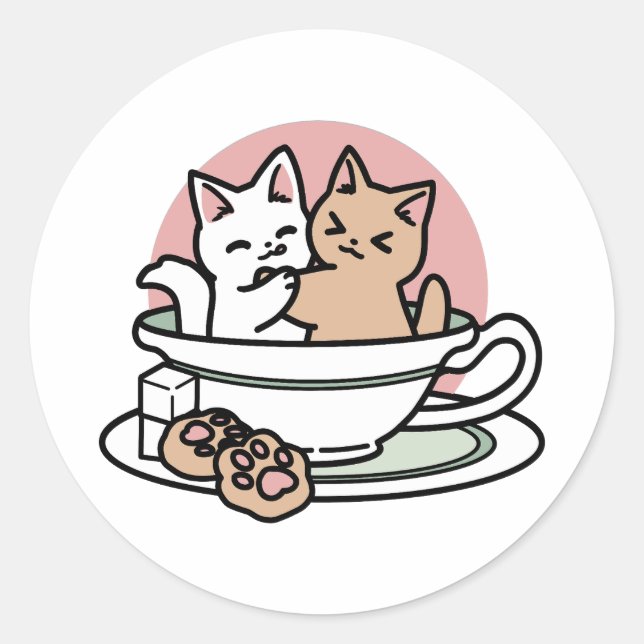Cuddling Kitties in a Cup - Adorable Tea Time Classic Round Sticker (Front)