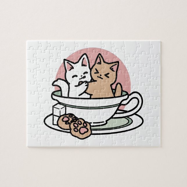 Cuddling Kitties in a Cup - Adorable Tea Time Jigsaw Puzzle (Horizontal)