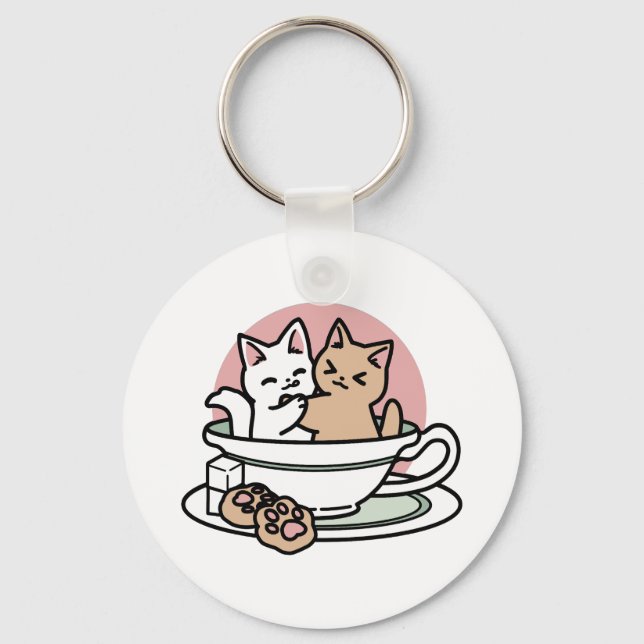 Cuddling Kitties in a Cup - Adorable Tea Time Keychain (Front)