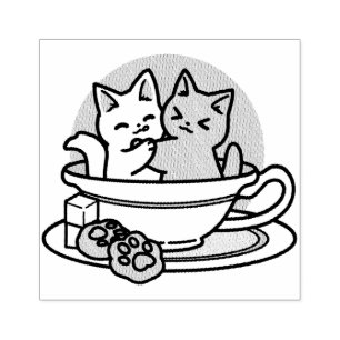 Cuddling Kitties in a Cup - Adorable Tea Time Rubber Stamp