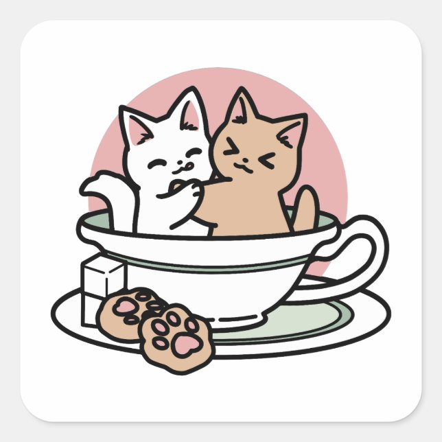 Cuddling Kitties in a Cup - Adorable Tea Time Square Sticker (Front)