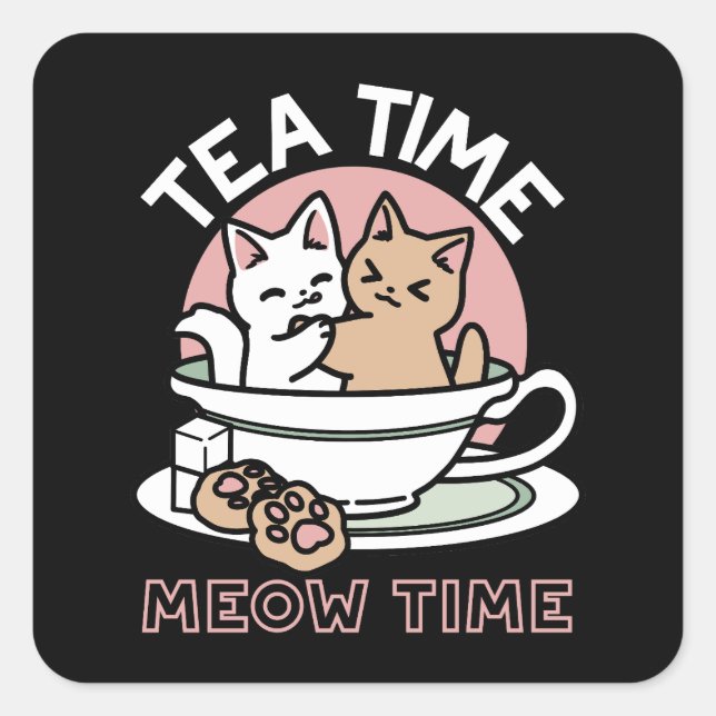 Cuddling Kitties in a Cup - Adorable Tea Time Square Sticker (Front)