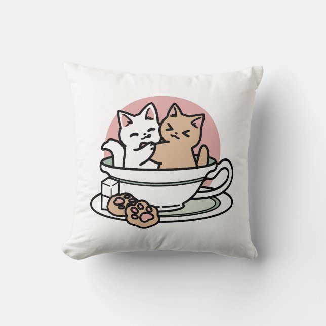 Cuddling Kitties in a Cup - Adorable Tea Time Throw Pillow (Front)