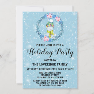 Cuddly Bear Wreath Xmas Holiday Party Blue Snow Invitation