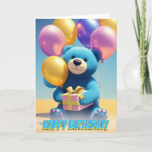 Cuddly Blue Teddy Bear Party Balloons Birthday Card