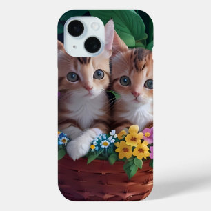 Cuddly Cute Kittens in a Flower Basket iPhone 15 Case