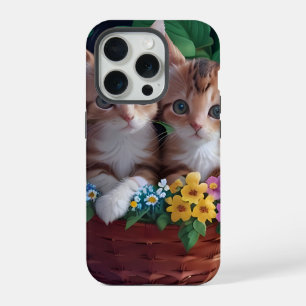 Cuddly Cute Kittens in a Flower Basket iPhone 15 Pro Case