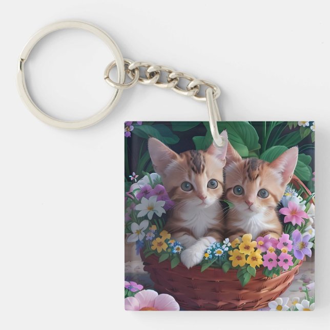 Cuddly Cute Kittens in a Flower Basket Keychain (Front)