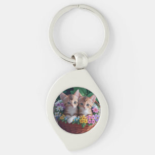 Cuddly Cute Kittens in a Flower Basket Keychain