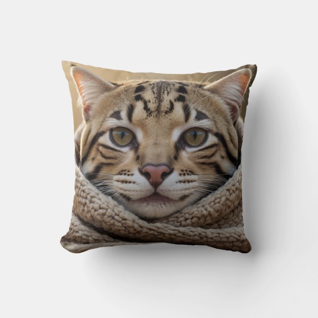 Cuddly Ocelot Cat and Blanket Throw Pillow (Front)