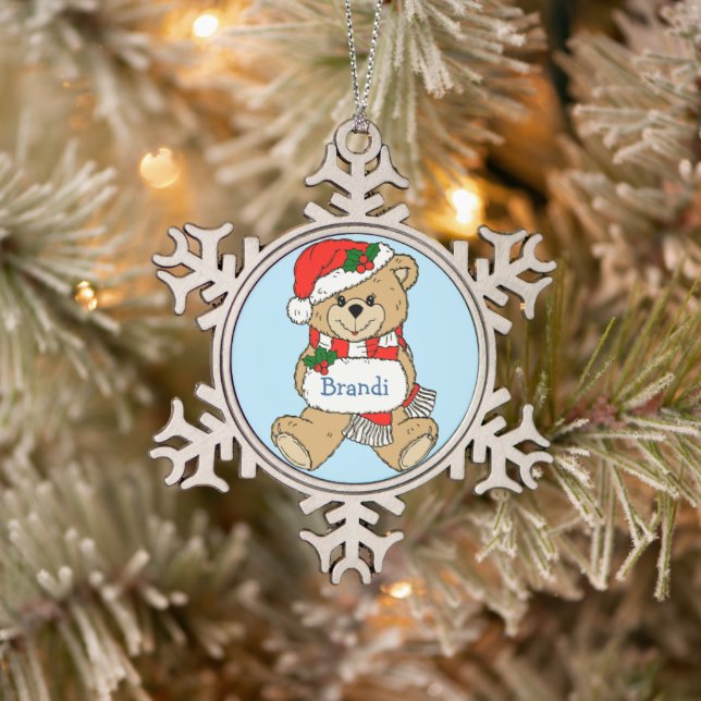 Cuddly Teddy Bear Personalized Christmas Snowflake Pewter Christmas Ornament (Tree)