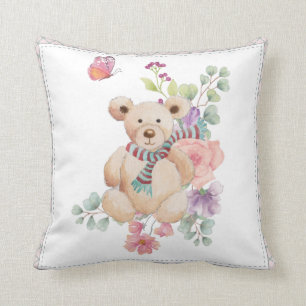 Cuddly teddy in flowers throw pillow