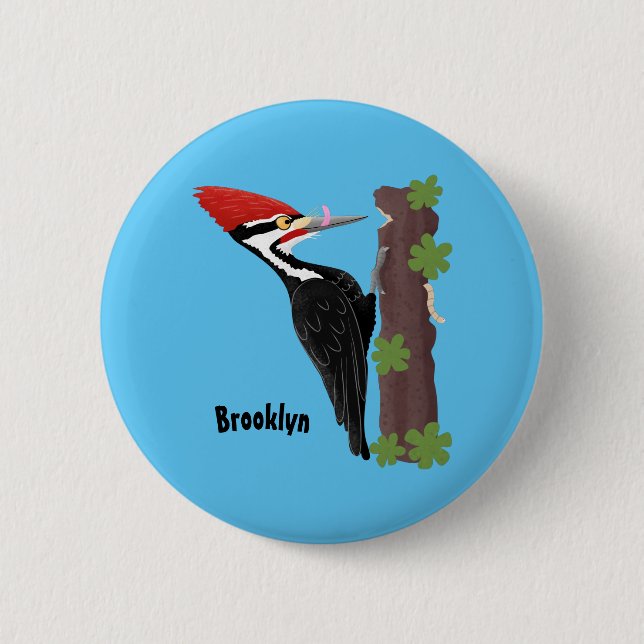 Cue funny Pileated woodpecker cartoon illustration 2 Inch Round Button (Front)