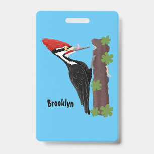 Cue funny Pileated woodpecker cartoon illustration Badge