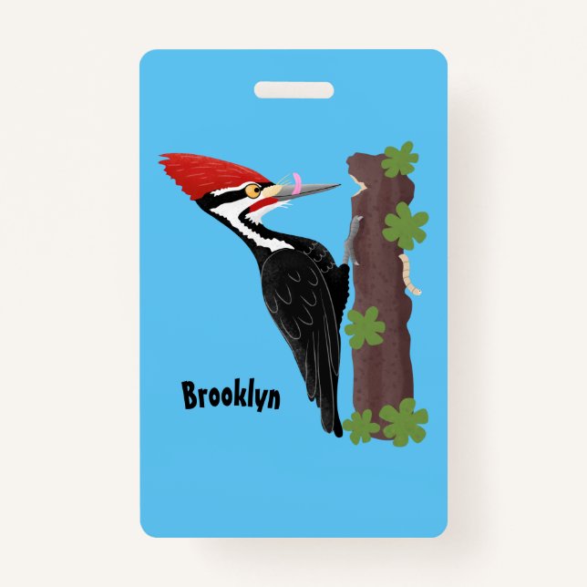 Cue funny Pileated woodpecker cartoon illustration Badge (Front)