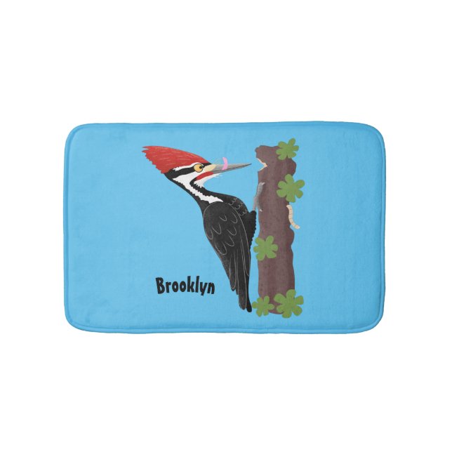 Cue funny Pileated woodpecker cartoon illustration Bath Mat (Front)