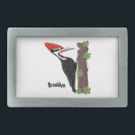 Cue funny Pileated woodpecker cartoon illustration Belt Buckle<br><div class="desc">This funny woodpecker is chasing lunch. Drawn in happy cartoon style.</div>