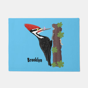 Cue funny Pileated woodpecker cartoon illustration Doormat