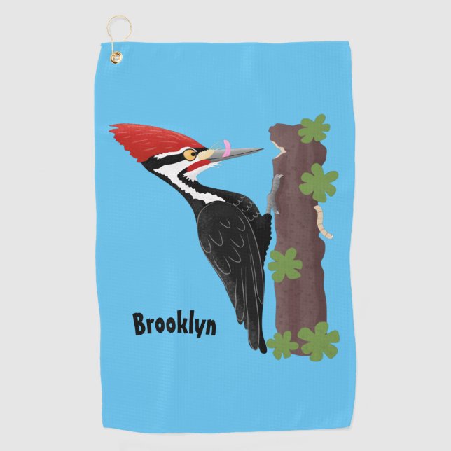 Cue funny Pileated woodpecker cartoon illustration Golf Towel (Front)
