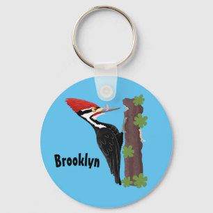 Cue funny Pileated woodpecker cartoon illustration Keychain