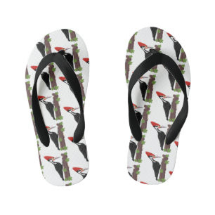 Cue funny Pileated woodpecker cartoon illustration Kid's Flip Flops