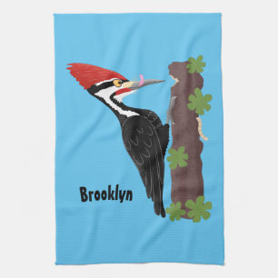 Cue funny Pileated woodpecker cartoon illustration Kitchen Towel