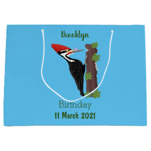 Cue funny Pileated woodpecker cartoon illustration Large Gift Bag