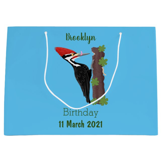 Cue funny Pileated woodpecker cartoon illustration Large Gift Bag (Front)