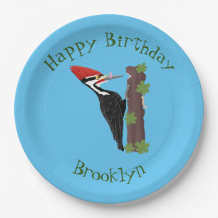 Cue funny Pileated woodpecker cartoon illustration Paper Plate