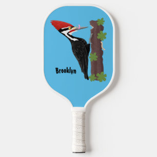 Cue funny Pileated woodpecker cartoon illustration Pickleball Paddle