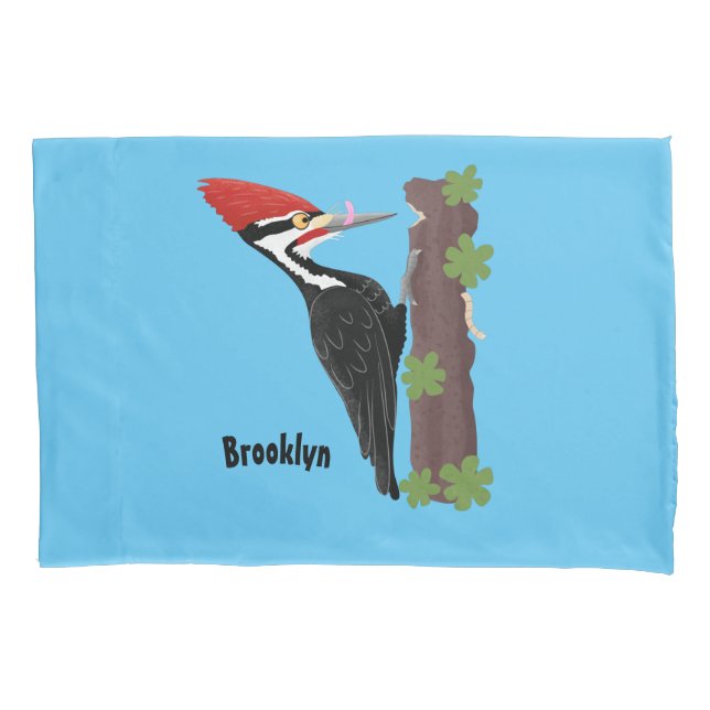 Cue funny Pileated woodpecker cartoon illustration Pillowcase (Front)