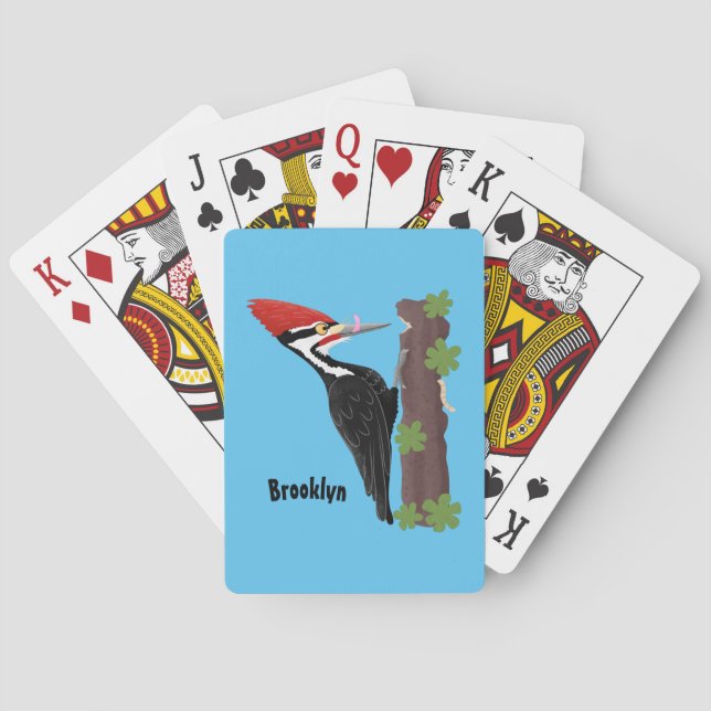 Cue funny Pileated woodpecker cartoon illustration Playing Cards (Back)