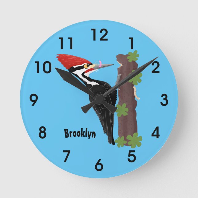 Cue funny Pileated woodpecker cartoon illustration Round Clock (Front)