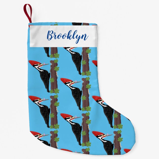 Cue funny Pileated woodpecker cartoon illustration Small Christmas Stocking (Front)