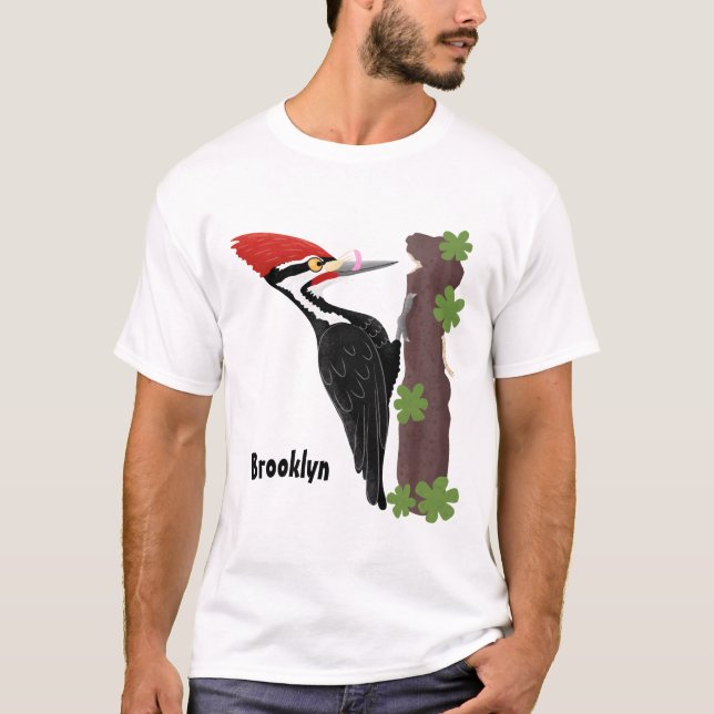Cue funny Pileated woodpecker cartoon illustration T-Shirt (Front)