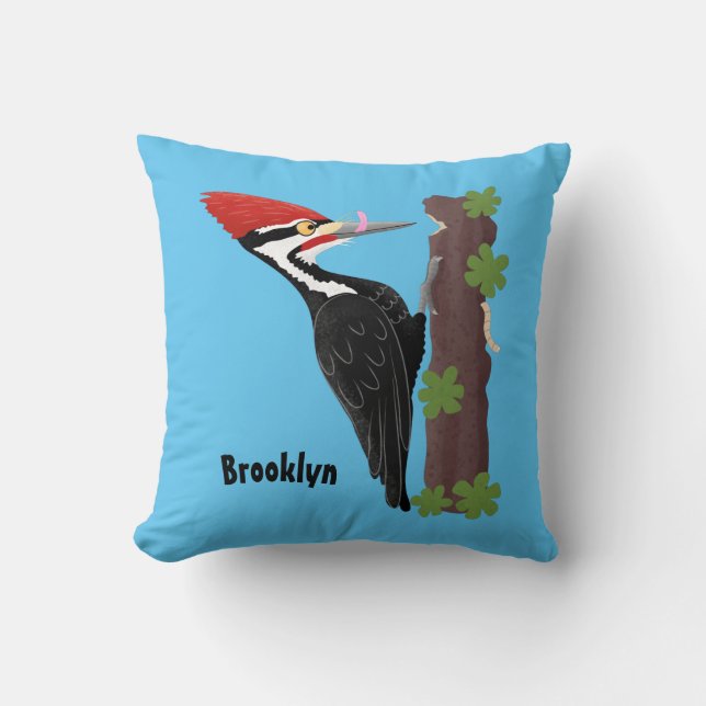 Cue funny Pileated woodpecker cartoon illustration Throw Pillow (Front)