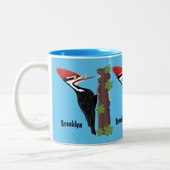 Cue funny Pileated woodpecker cartoon illustration Two-Tone Coffee Mug (Left)