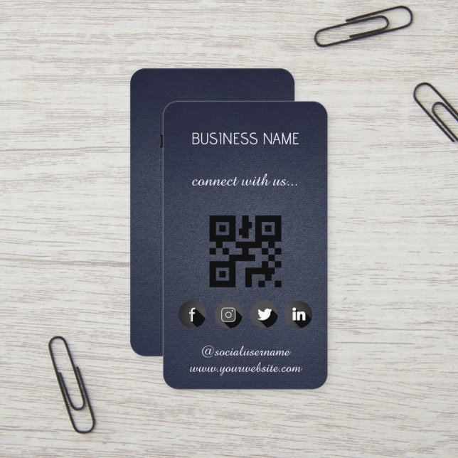 Cuir noir -Social Media QR Code Carte de visite (Devant/Arrière en situation)