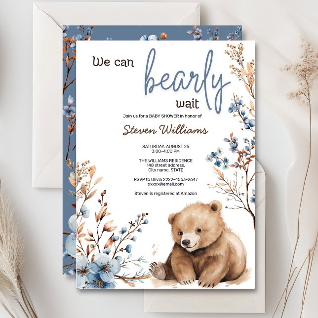 Cuire ours aquarelle garçon baby shower invitation (Cute bear with rustic blue flowers baby shower invitation)