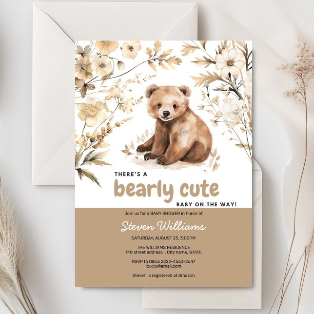 Cuire ours aquarelle garçon baby shower invitation (Cute bear with rustic beige flowers baby shower invitation)