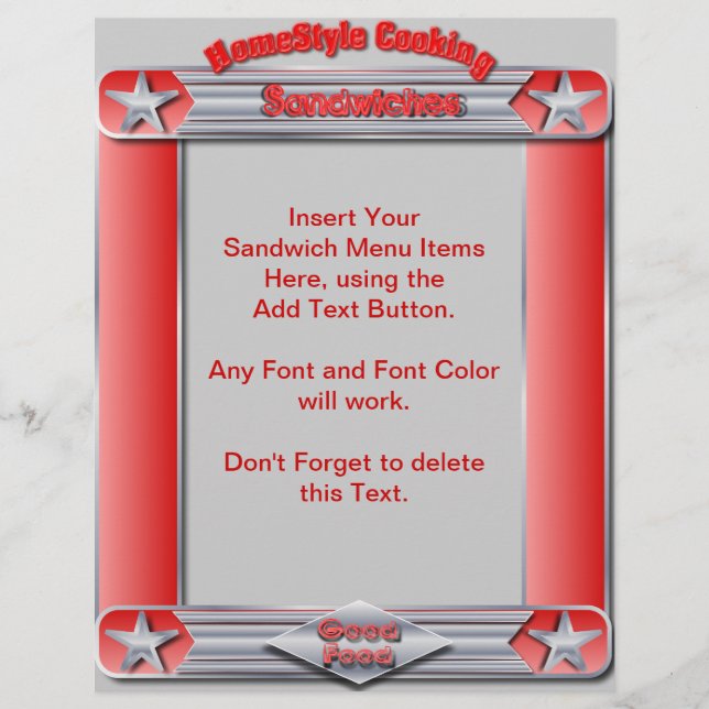 Cuisine Homestyle SANDWICHES Menu Insertion (Devant)