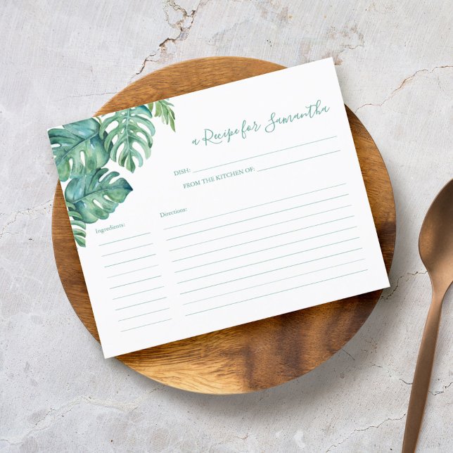 Cuisine Recette Cartes Végétation tropicale (Tropical destination wedding stationery recipe for the bride card watercolor by Victoria Grigaliunas)