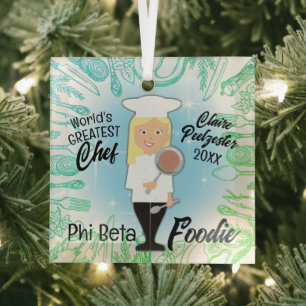 Culinary graduate blonde woman chef Christmas tree Glass Ornament