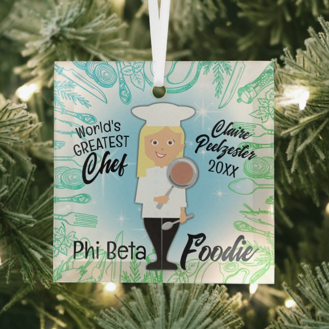 Culinary graduate blonde woman chef Christmas tree Glass Ornament (Insitu)