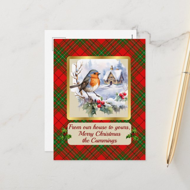 Cumming Tartan w/Robin Personalized   Holiday Postcard (Front/Back In Situ)