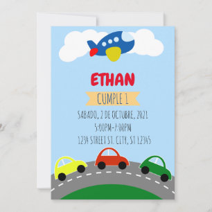CUMPLEANOS DE NINO TRANSPORTACION, CARRITOS INVITATION