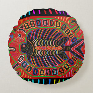 Cuna Indian Mola Flying Fish Round Pillow