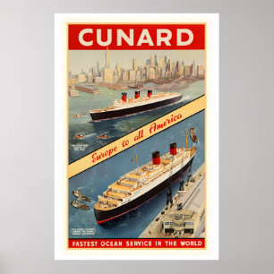 Cunard Cruise Ship Europe to All America Vintage Poster